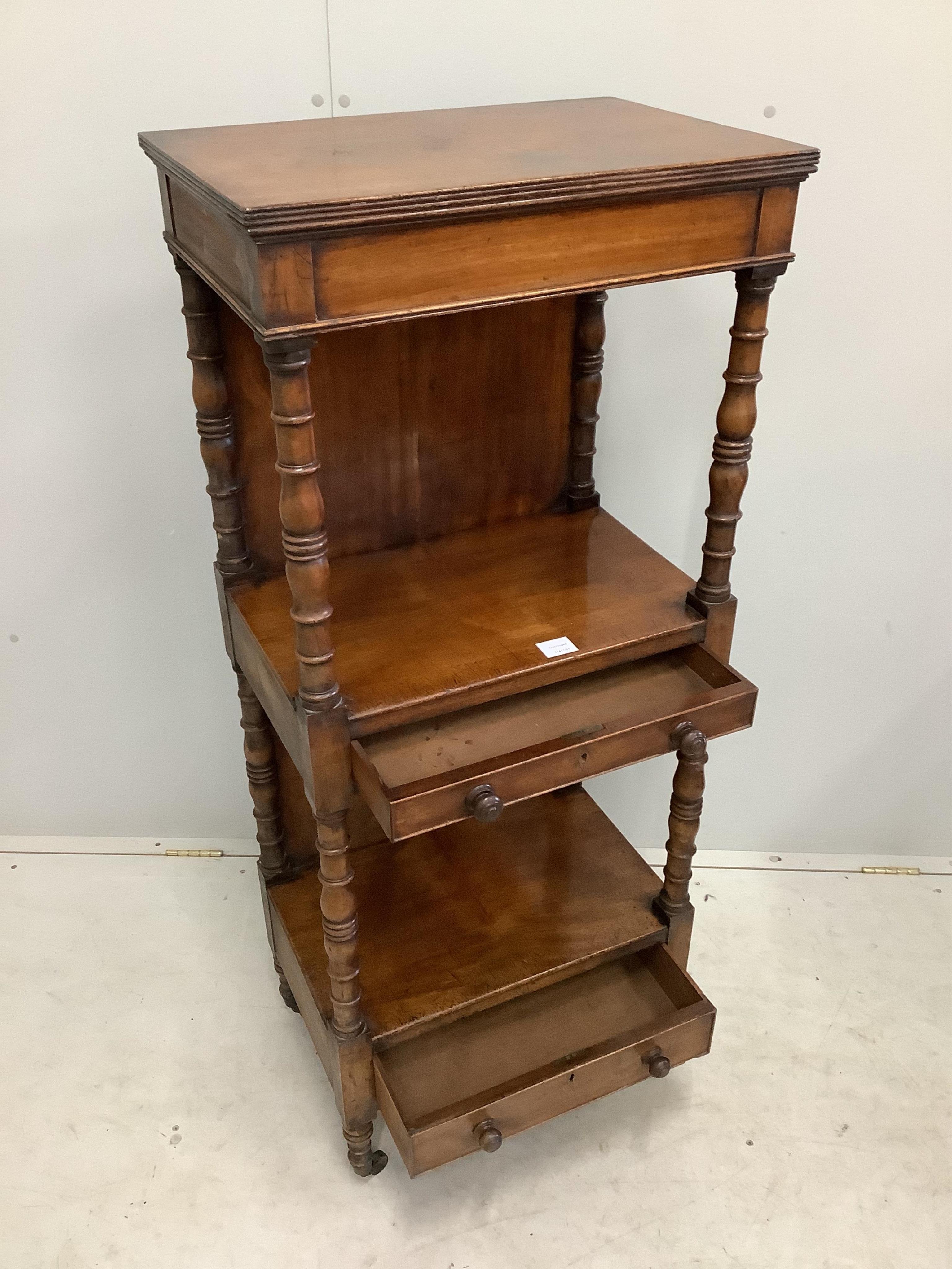 A Victorian mahogany three tier whatnot, width 57cm, depth 39cm, height 137cm. Condition - fair